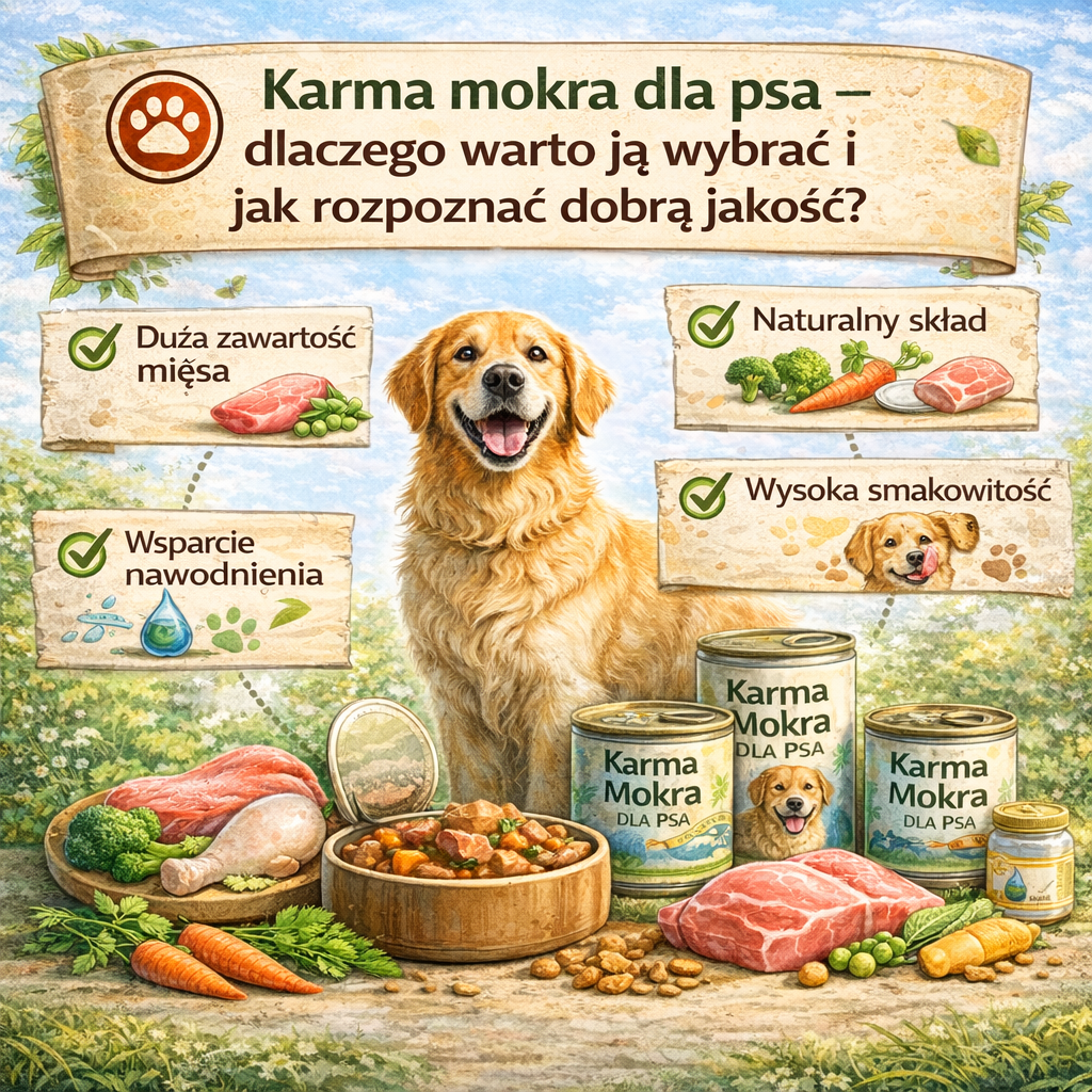 Karma mokra dla psa – co to jest i dlaczego jest popularna? Karma mokra dla psa to jeden z najczęściej wybieranych produktów w żywieniu zwierząt. Właściciele psów coraz częściej sięgają po ten typ karmy, ponieważ jest ona bardziej naturalna i aromatyczna. Co więcej, karma mokra dla psa zawiera dużą ilość wilgoci, dlatego wspiera prawidłowe nawodnienie organizmu. Dzięki temu jest szczególnie polecana dla psów, które piją mało wody.