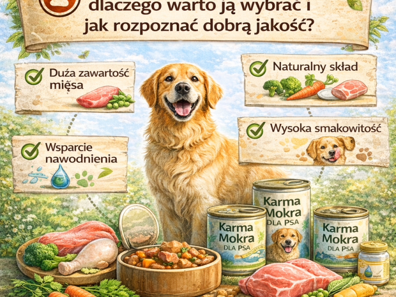Karma mokra dla psa – co to jest i dlaczego jest popularna? Karma mokra dla psa to jeden z najczęściej wybieranych produktów w żywieniu zwierząt. Właściciele psów coraz częściej sięgają po ten typ karmy, ponieważ jest ona bardziej naturalna i aromatyczna. Co więcej, karma mokra dla psa zawiera dużą ilość wilgoci, dlatego wspiera prawidłowe nawodnienie organizmu. Dzięki temu jest szczególnie polecana dla psów, które piją mało wody.